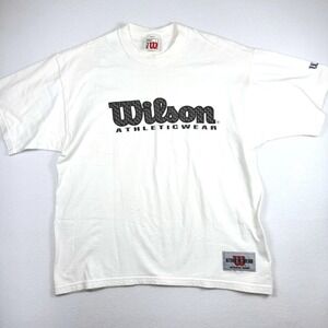 Vintage Wilson Athleticwear Mens White Graphic Logo T-Shirt Made in USA Size L